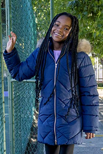 Mountain Warehouse Galaxy Fleece Lined Kids Padded Jacket - Water Resistant Girls & Boys Puffer Jacket, Faux Fur Hood Rainwear, Longline - For Spring Summer, Travelling, Hiking Navy 9-10 Years