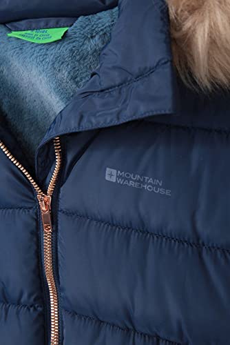 Mountain Warehouse Galaxy Fleece Lined Kids Padded Jacket - Water Resistant Girls & Boys Puffer Jacket, Faux Fur Hood Rainwear, Longline - For Spring Summer, Travelling, Hiking Navy 9-10 Years