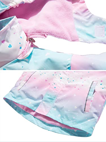 CAMLAKEE Girls Waterproof Jackets Kids Raincoats FLeece Lined Printed Hooded Coat Outdoor Windbreaker PinkHeart UK:5-6 years (manufacturers's size: 120)