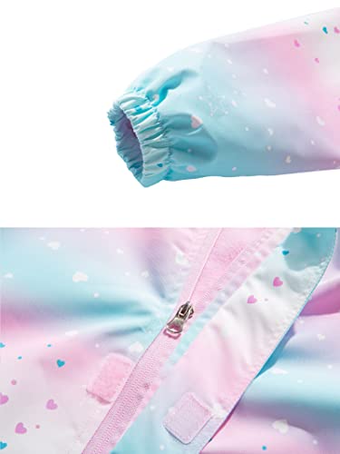 CAMLAKEE Girls Waterproof Jackets Kids Raincoats FLeece Lined Printed Hooded Coat Outdoor Windbreaker PinkHeart UK:5-6 years (manufacturers's size: 120)