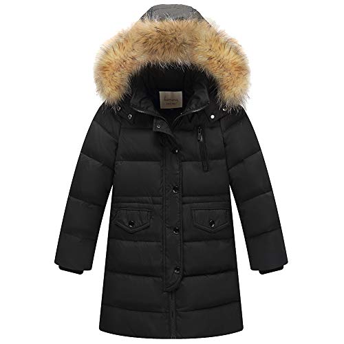 amropi Kids Girls Winter Puffer Jacket Padded Long Coat with Fur Hood (Black,11-12Years)