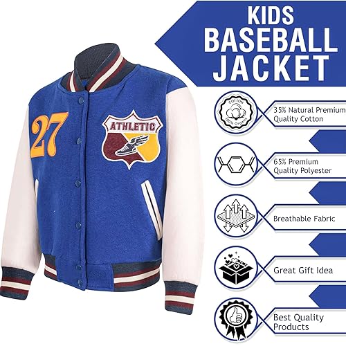 A2Z 4 Kids Baseball Plain Jacket Varsity Style Coat - B.B Jacket 27 Royal 9-10.
