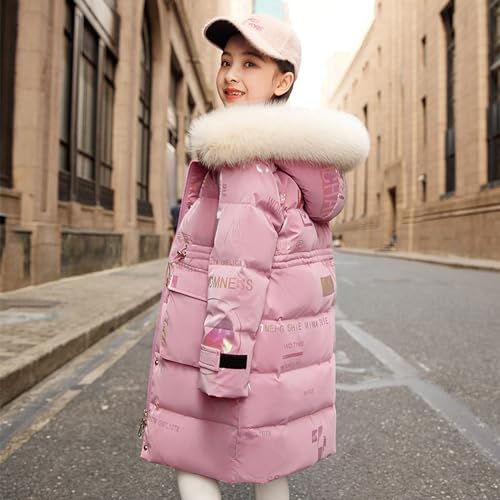 De feuilles Kids Girls Hooded Padded Coat Winter Warm Mid-Length Jacket Solid Color Shiny Letter Print with Faux Fur Hooded