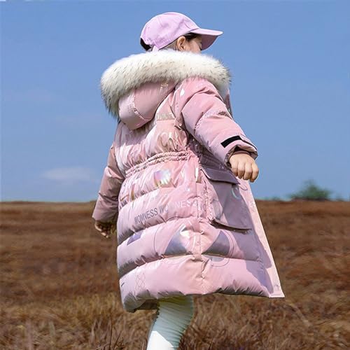 De feuilles Kids Girls Hooded Padded Coat Winter Warm Mid-Length Jacket Solid Color Shiny Letter Print with Faux Fur Hooded