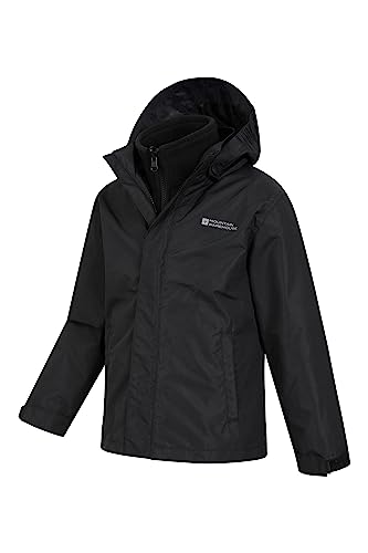 Mountain Warehouse Fell Kids 3 in 1 Jacket - Water-Resistant Triclimate Raincoat, Detachable Inner Coat & Packaway Hood - For, Walking, Hiking & Outdoors Black 9-10 Years