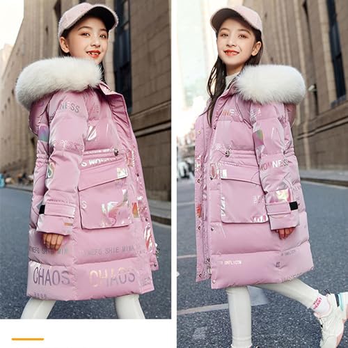 De feuilles Kids Girls Hooded Padded Coat Winter Warm Mid-Length Jacket Solid Color Shiny Letter Print with Faux Fur Hooded