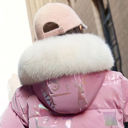 De feuilles Kids Girls Hooded Padded Coat Winter Warm Mid-Length Jacket Solid Color Shiny Letter Print with Faux Fur Hooded