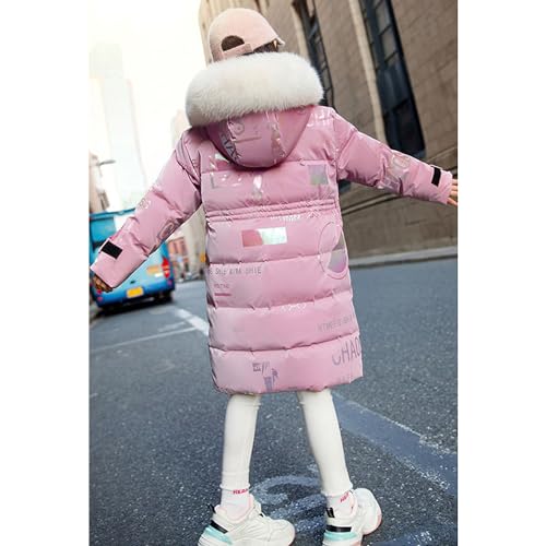 De feuilles Kids Girls Hooded Padded Coat Winter Warm Mid-Length Jacket Solid Color Shiny Letter Print with Faux Fur Hooded