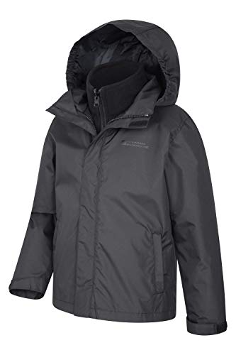 Mountain Warehouse Fell Kids 3 in 1 Jacket - Water-Resistant Triclimate Raincoat, Detachable Inner Coat & Packaway Hood - For, Walking, Hiking & Outdoors Black 9-10 Years