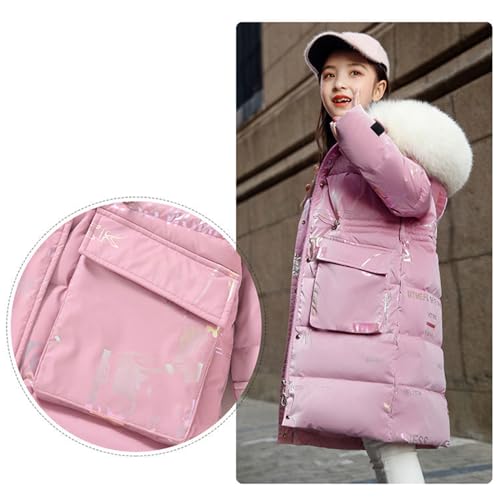 De feuilles Kids Girls Hooded Padded Coat Winter Warm Mid-Length Jacket Solid Color Shiny Letter Print with Faux Fur Hooded