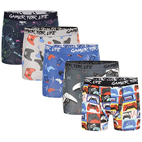 Gamer Kids Boxer Trunks -5 Pack - Gamer For Life Jacquard Waistband - Gaming Controller Design Underwear - 95% Cotton, 5% Elastane - Ages 5-6, 7-8, 9-10, 11-12, 13 Years (Gamer For Life, 9-10 Years)