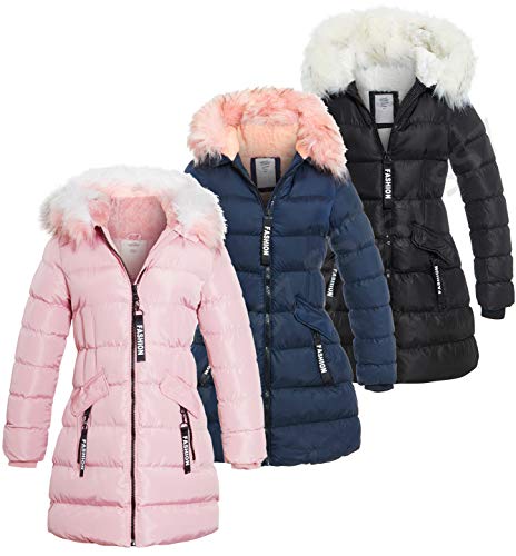 SS7 Girls Padded Parka Coat Faux Fur Fleece Lined Jacket Age 3 4 7 8 9 10 11 12 13 (Age 11/12, Pink)