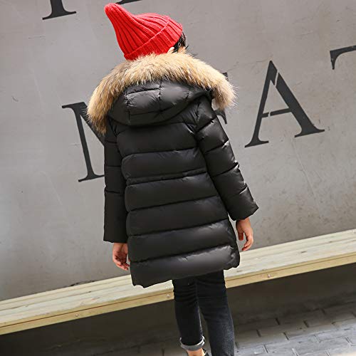 amropi Kids Girls Winter Puffer Jacket Padded Long Coat with Fur Hood (Black,11-12Years)