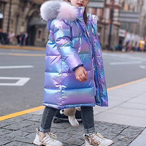 De feuilles Kids Girls Hooded Shiny Down Jacket Winter Warm Casual Quilted Puffer Coat Outerwear with Faux Fur Collar (Purple, 7-8 Years)