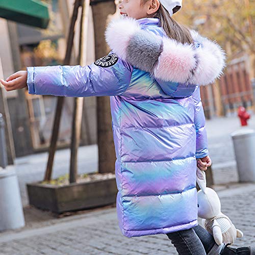 De feuilles Kids Girls Hooded Shiny Down Jacket Winter Warm Casual Quilted Puffer Coat Outerwear with Faux Fur Collar (Purple, 7-8 Years)