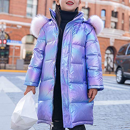 De feuilles Kids Girls Hooded Shiny Down Jacket Winter Warm Casual Quilted Puffer Coat Outerwear with Faux Fur Collar (Purple, 7-8 Years)