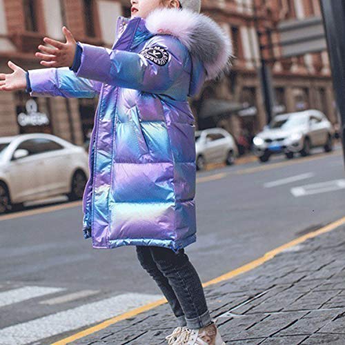 De feuilles Kids Girls Hooded Shiny Down Jacket Winter Warm Casual Quilted Puffer Coat Outerwear with Faux Fur Collar (Purple, 7-8 Years)