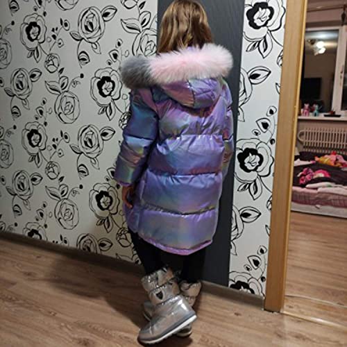 De feuilles Kids Girls Hooded Shiny Down Jacket Winter Warm Casual Quilted Puffer Coat Outerwear with Faux Fur Collar (Purple, 7-8 Years)