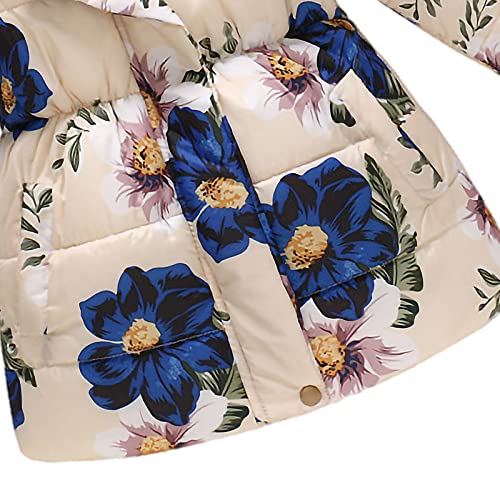 amropi Girls Winter Coat Floral Hooded Jacket with Faux Fur Warm Parka Padded Overcoat 2-3 Years, Beige Flower