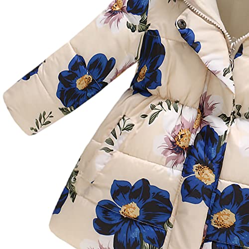 amropi Girls Winter Coat Floral Hooded Jacket with Faux Fur Warm Parka Padded Overcoat 2-3 Years, Beige Flower