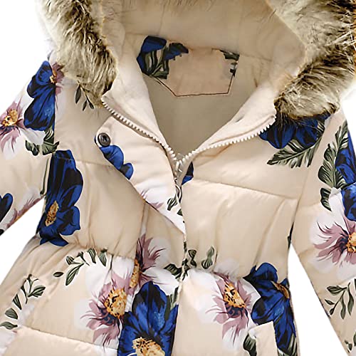 amropi Girls Winter Coat Floral Hooded Jacket with Faux Fur Warm Parka Padded Overcoat 2-3 Years, Beige Flower