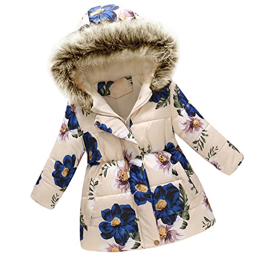 amropi Girls Winter Coat Floral Hooded Jacket with Faux Fur Warm Parka Padded Overcoat 2-3 Years, Beige Flower