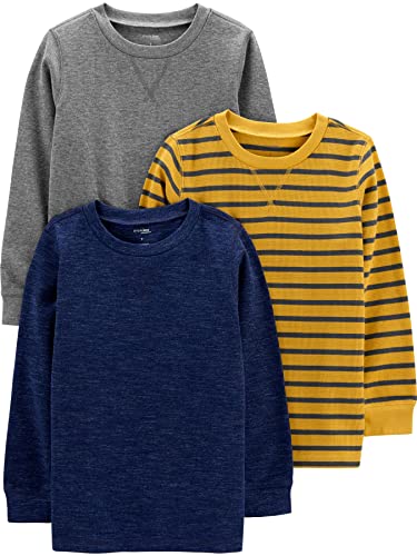 Simple Joys by Carter's Boys' 3-Pack Thermal Long Sleeve Shirts T Set, Grey/Navy Heather/Yellow Stripes, 2 Years (Pack of 3)