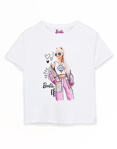 Barbie Girls T-Shirt in White | Doodle Sketch Pose Graphic Tee for Kids | Short-Sleeved Retro Fashion Top | Doll Tshirt Movie Merchandise Gift for Children & Graphic Teens