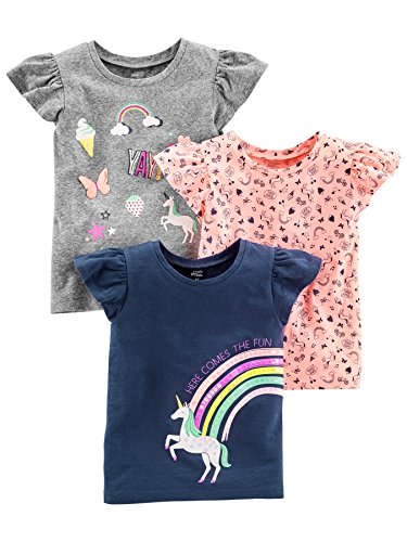 Simple Joys by Carter's Baby Girls' Short-Sleeve Shirts and Tops, Pack of 3 T, Grey Rainbow/Light Orange Mixed Print/Navy Unicorn, 4 Years