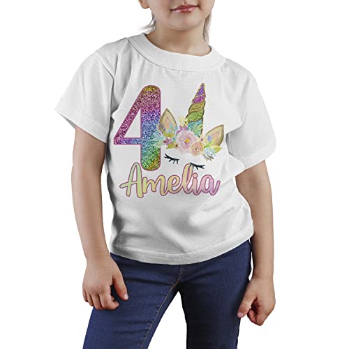 Fandango Personalised Unicorn Birthday T-Shirt Any Name Any Age Pastel Rainbow, Kids Birthday Tshirt (Age 7-8)