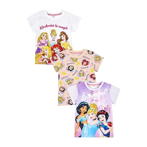 Disney Princess Girls T-Shirts Pack of 3, 3PK Princess T-Shirts, Summer Tops for Girls (4-5 Years) Multicoloured