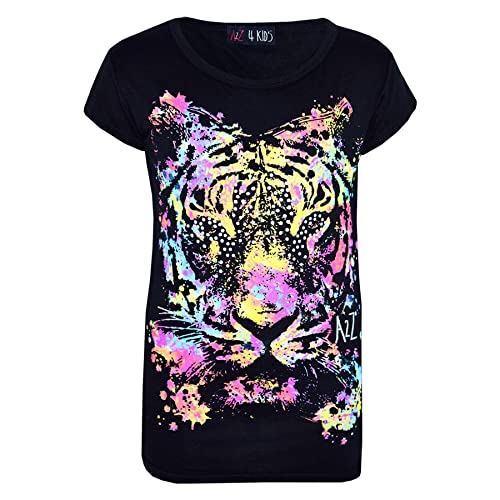 a2z4kids Girls Top Tiger Face Print Stylish Fahsion Trendy T Shirt Top New Age 7 8 9 10 11 12 13 Years Black