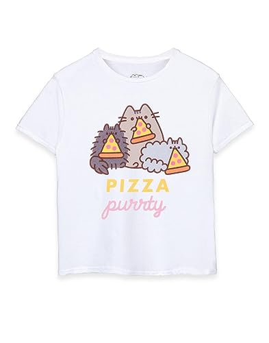 Pusheen Girls T-Shirt | Kids White Pizza Purrty Cat Graphic Tee | Crew Neck Short-Sleeved Internet Cat Top | Comfortable & Stylish Cute Merchandise | Daywear Gift for Children & Teens