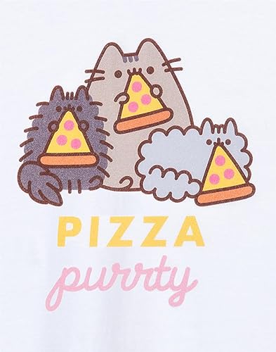 Pusheen Girls T-Shirt | Kids White Pizza Purrty Cat Graphic Tee | Crew Neck Short-Sleeved Internet Cat Top | Comfortable & Stylish Cute Merchandise | Daywear Gift for Children & Teens