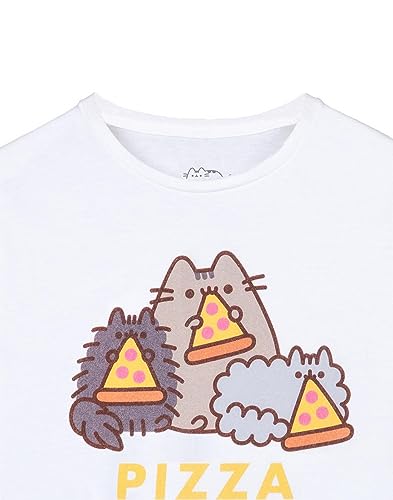 Pusheen Girls T-Shirt | Kids White Pizza Purrty Cat Graphic Tee | Crew Neck Short-Sleeved Internet Cat Top | Comfortable & Stylish Cute Merchandise | Daywear Gift for Children & Teens