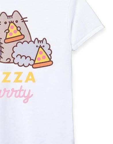 Pusheen Girls T-Shirt | Kids White Pizza Purrty Cat Graphic Tee | Crew Neck Short-Sleeved Internet Cat Top | Comfortable & Stylish Cute Merchandise | Daywear Gift for Children & Teens