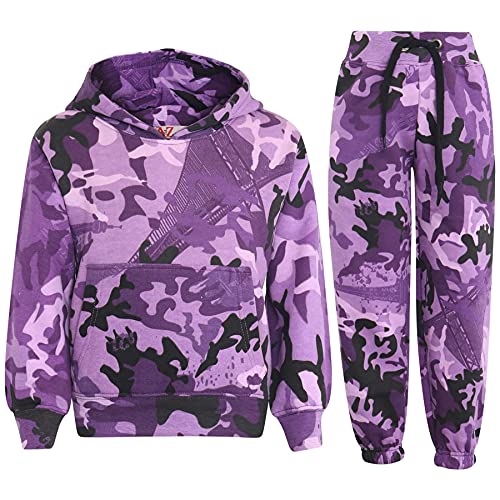 Kids Girls Boys Plain Tracksuit Hooded Hoodie Jog Suit - T.S Plain 105 Camo Purple 11-12