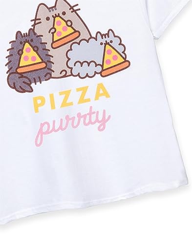 Pusheen Girls T-Shirt | Kids White Pizza Purrty Cat Graphic Tee | Crew Neck Short-Sleeved Internet Cat Top | Comfortable & Stylish Cute Merchandise | Daywear Gift for Children & Teens