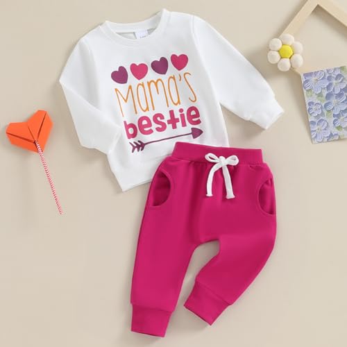 XIXIMAON Toddler Baby Girls Jogger Suit Set Mama 's Bestie Letter Print Long Sleeve Jumper Top Sweatpants Infant Valentine's Clothes (White, 12-18 Months)