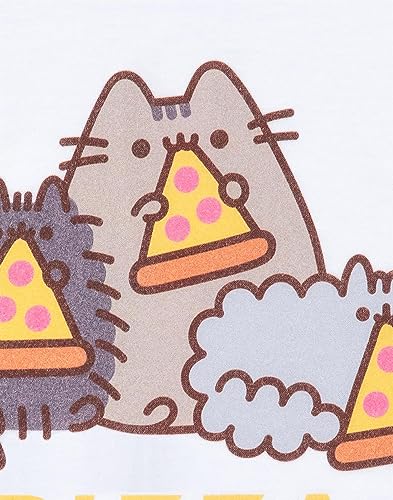 Pusheen Girls T-Shirt | Kids White Pizza Purrty Cat Graphic Tee | Crew Neck Short-Sleeved Internet Cat Top | Comfortable & Stylish Cute Merchandise | Daywear Gift for Children & Teens