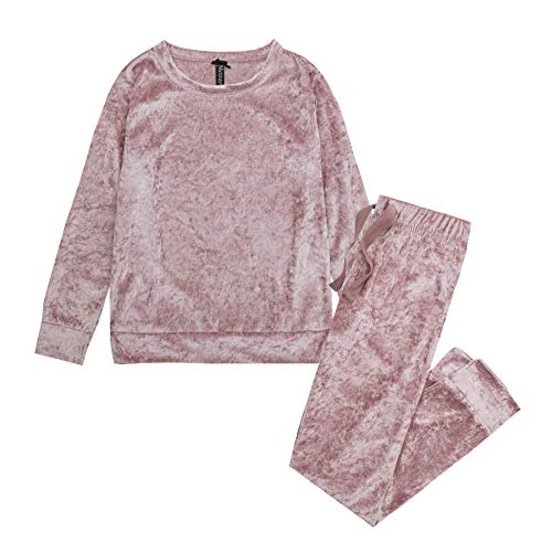 Metzuyan Girls Crushed Velvet Lounge Set Sweatshirt Jumper Joggers Tracksuit Bottoms Cuff 9-10 Pink