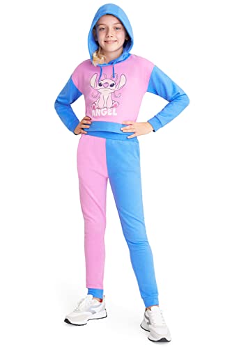 Disney Stitch Girls Tracksuit 2 Piece Cropped Hoodie or Sweatshirt and Joggers Girls Teenagers 4-15 Years Stitch Gifts (Pink/Blue, 11-12 Years)