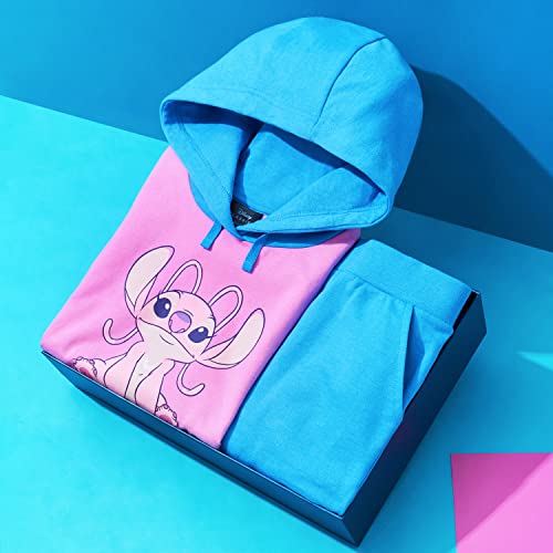 Disney Stitch Girls Tracksuit 2 Piece Cropped Hoodie or Sweatshirt and Joggers Girls Teenagers 4-15 Years Stitch Gifts (Pink/Blue, 11-12 Years)