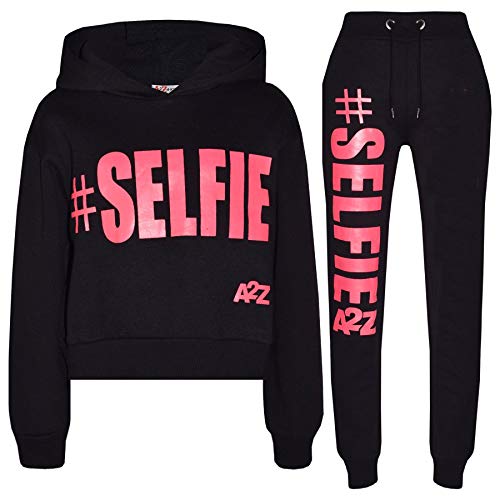 A2Z 4 Kids Girls Tracksuit Fleece Hooded Crop Top Bottom Jogging Suit - T.S Crop #Selfie Black & Neon Pink 11-12