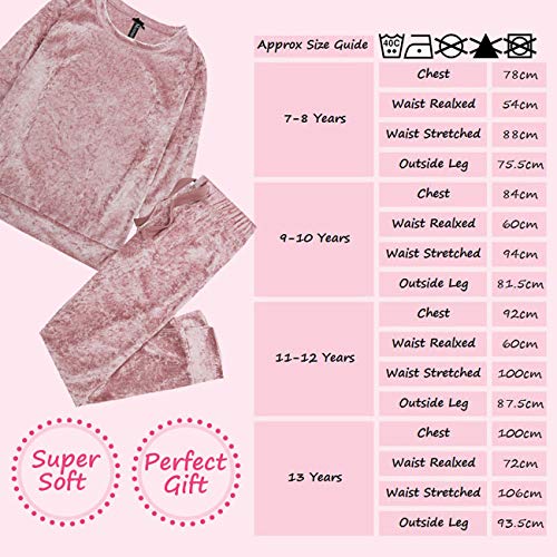 Metzuyan Girls Crushed Velvet Lounge Set Sweatshirt Jumper Joggers Tracksuit Bottoms Cuff 9-10 Pink