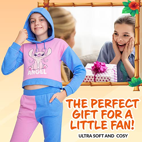 Disney Stitch Girls Tracksuit 2 Piece Cropped Hoodie or Sweatshirt and Joggers Girls Teenagers 4-15 Years Stitch Gifts (Pink/Blue, 11-12 Years)