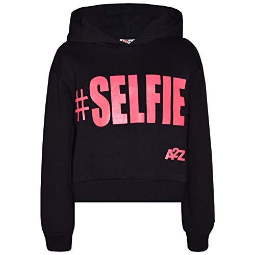 A2Z 4 Kids Girls Tracksuit Fleece Hooded Crop Top Bottom Jogging Suit - T.S Crop #Selfie Black & Neon Pink 11-12
