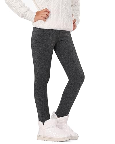 Auranso Girls Fleece Lined Thermal Leggings Cotton Winter Warm Thick Trousers Tights for Kids Deep Grey, 11-13 Years