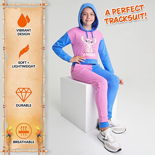 Disney Stitch Girls Tracksuit 2 Piece Cropped Hoodie or Sweatshirt and Joggers Girls Teenagers 4-15 Years Stitch Gifts (Pink/Blue, 11-12 Years)