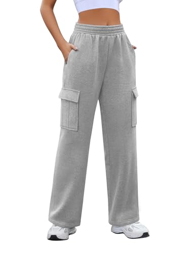 Yuson Girl Womens Fleece Lined Joggers Pant Thermal Sherpa Sweatpants Straight Leg Casual Workout Tracksuit Bottoms High Waist Baggy Elastic Waist Sweatpants Cargo Trousers with Pockets Grey